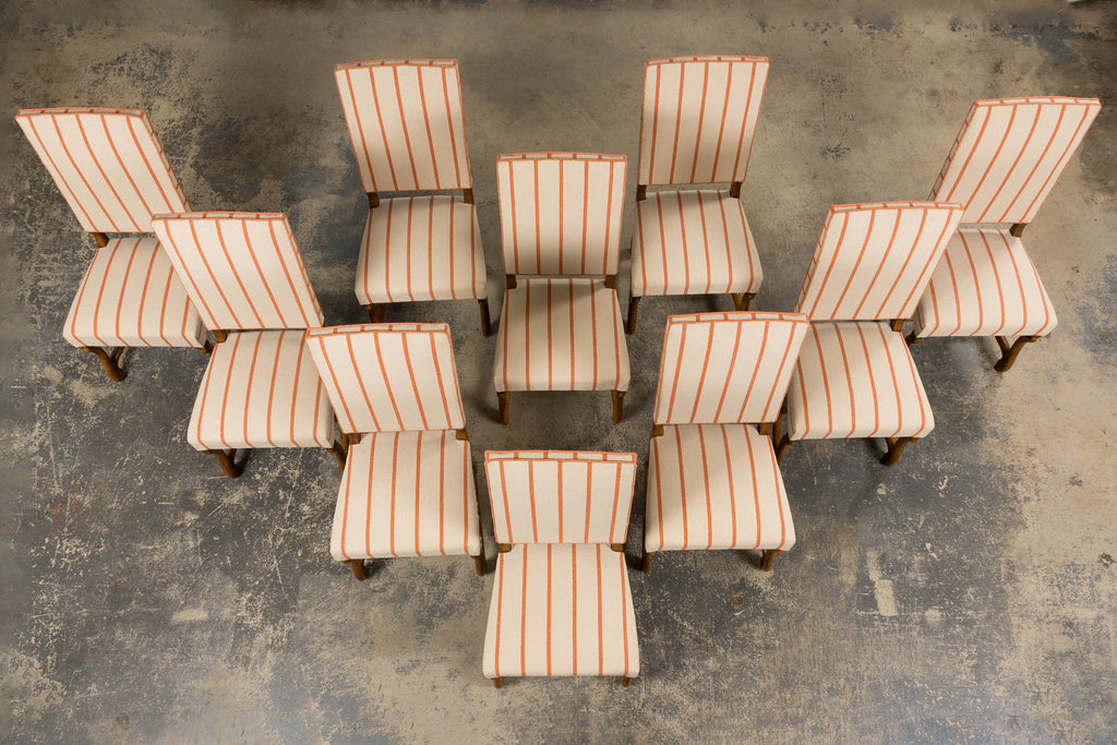 Antique French Louis XIII Style Os De Mouton Oak Dining Chairs in Coral Stripe - Set of 10