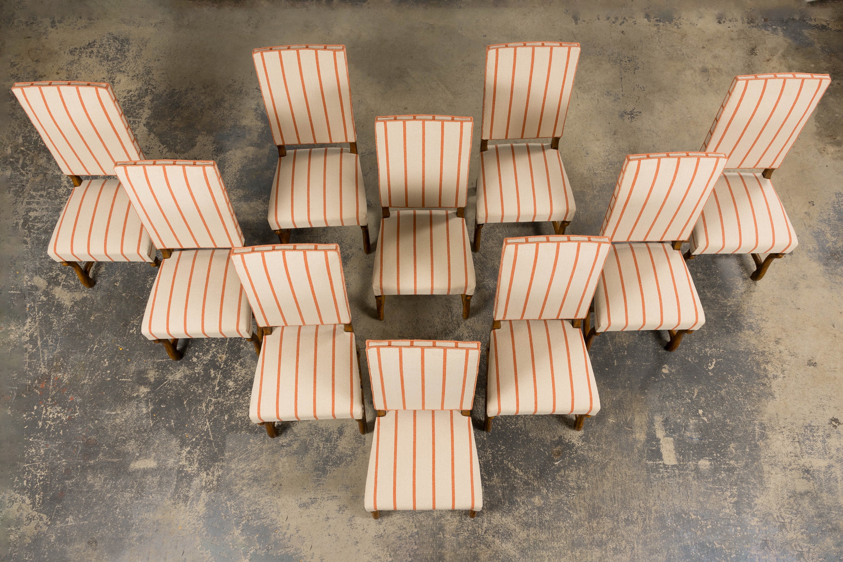 Antique French Louis XIII Style Os De Mouton Oak Dining Chairs in Coral Stripe - Set of 10
