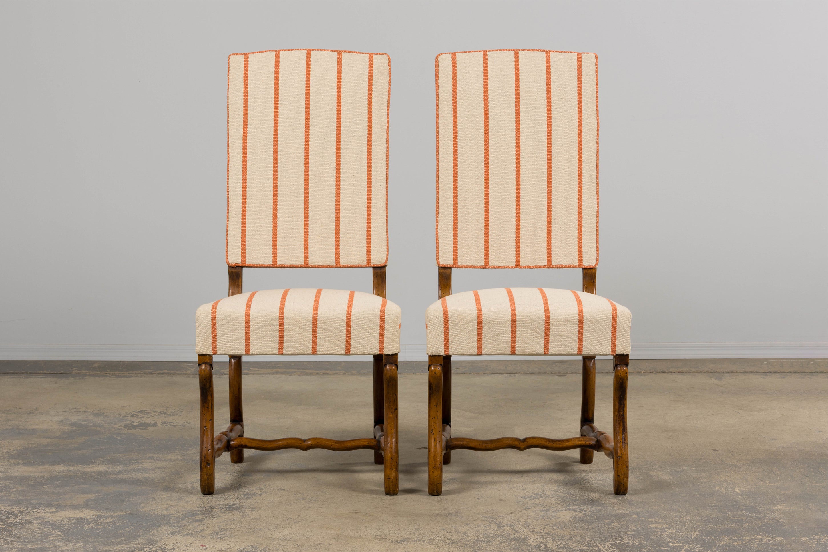 Antique French Louis XIII Style Os De Mouton Oak Dining Chairs in Coral Stripe - Set of 10