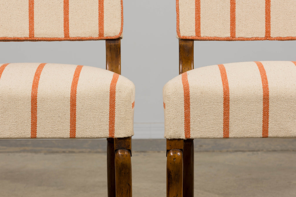Antique French Louis XIII Style Os De Mouton Oak Dining Chairs in Coral Stripe - Set of 10
