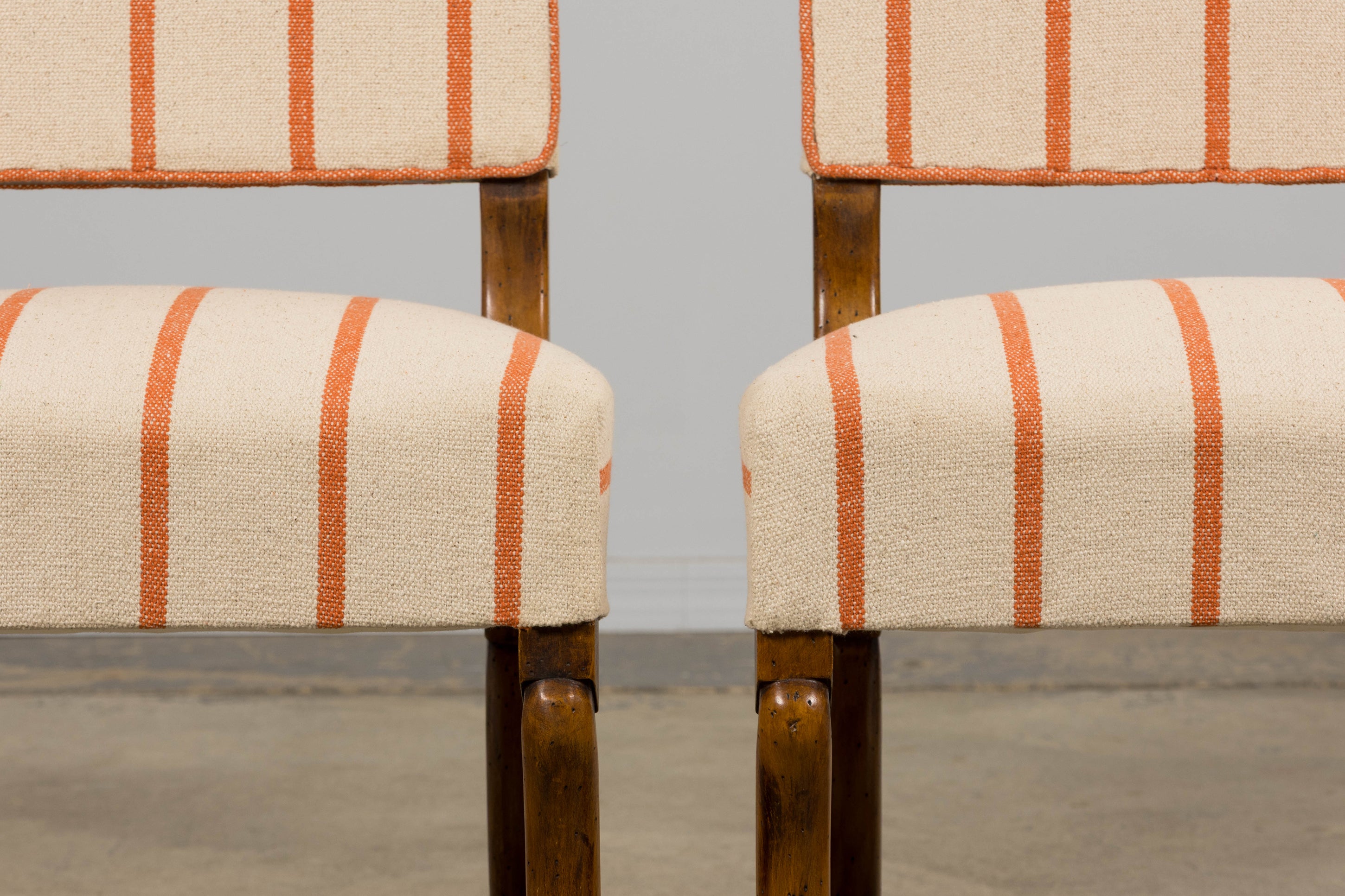 Antique French Louis XIII Style Os De Mouton Oak Dining Chairs in Coral Stripe - Set of 10