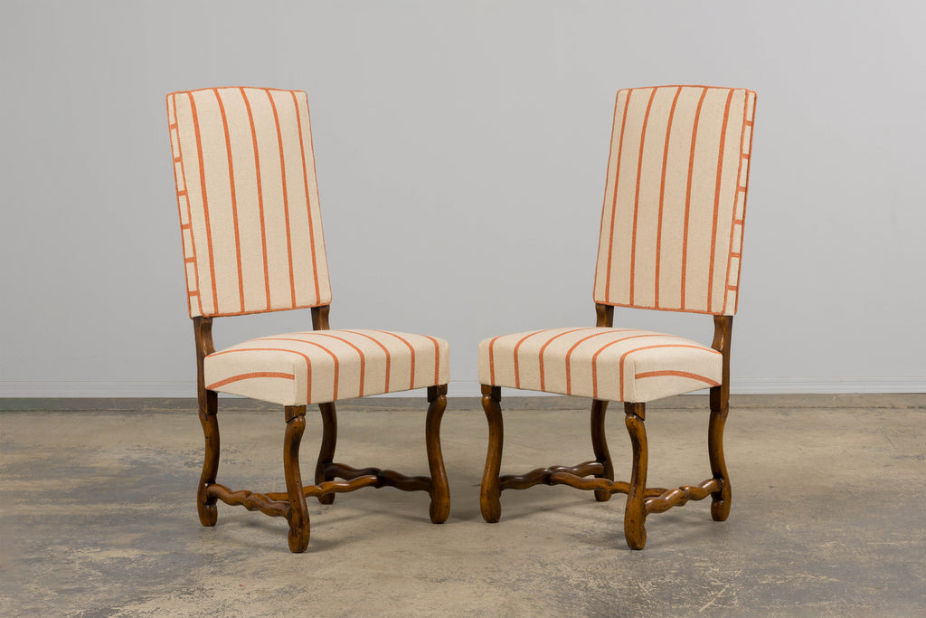 Antique French Louis XIII Style Os De Mouton Oak Dining Chairs in Coral Stripe - Set of 10
