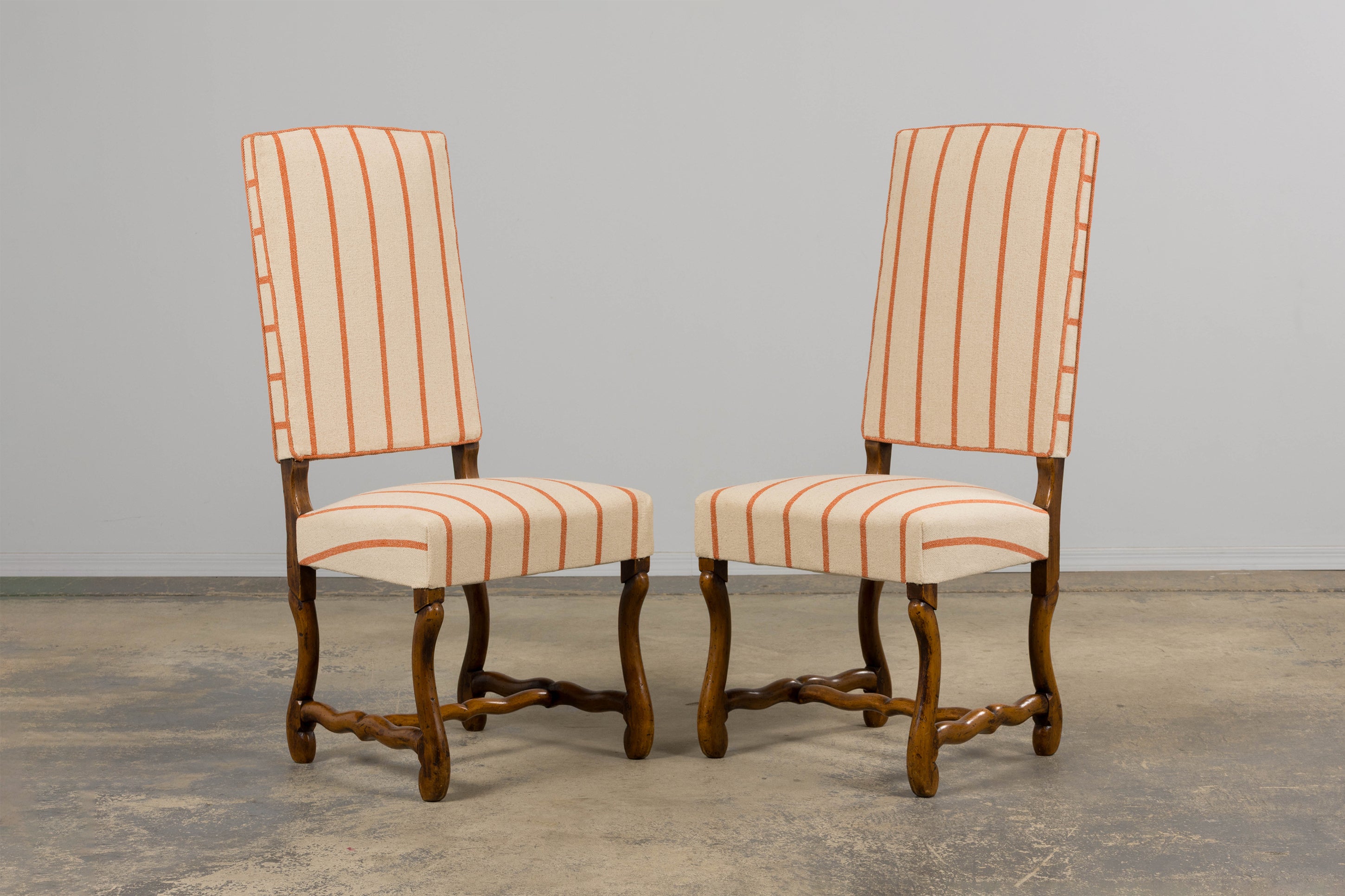 Antique French Louis XIII Style Os De Mouton Oak Dining Chairs in Coral Stripe - Set of 10
