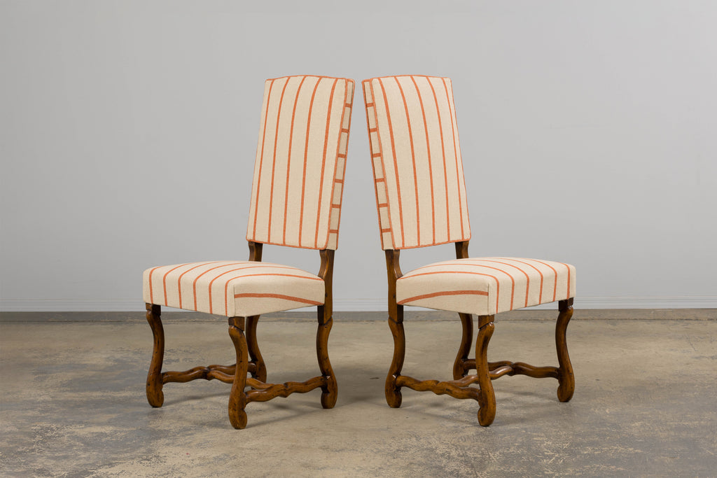 Antique French Louis XIII Style Os De Mouton Oak Dining Chairs in Coral Stripe - Set of 10