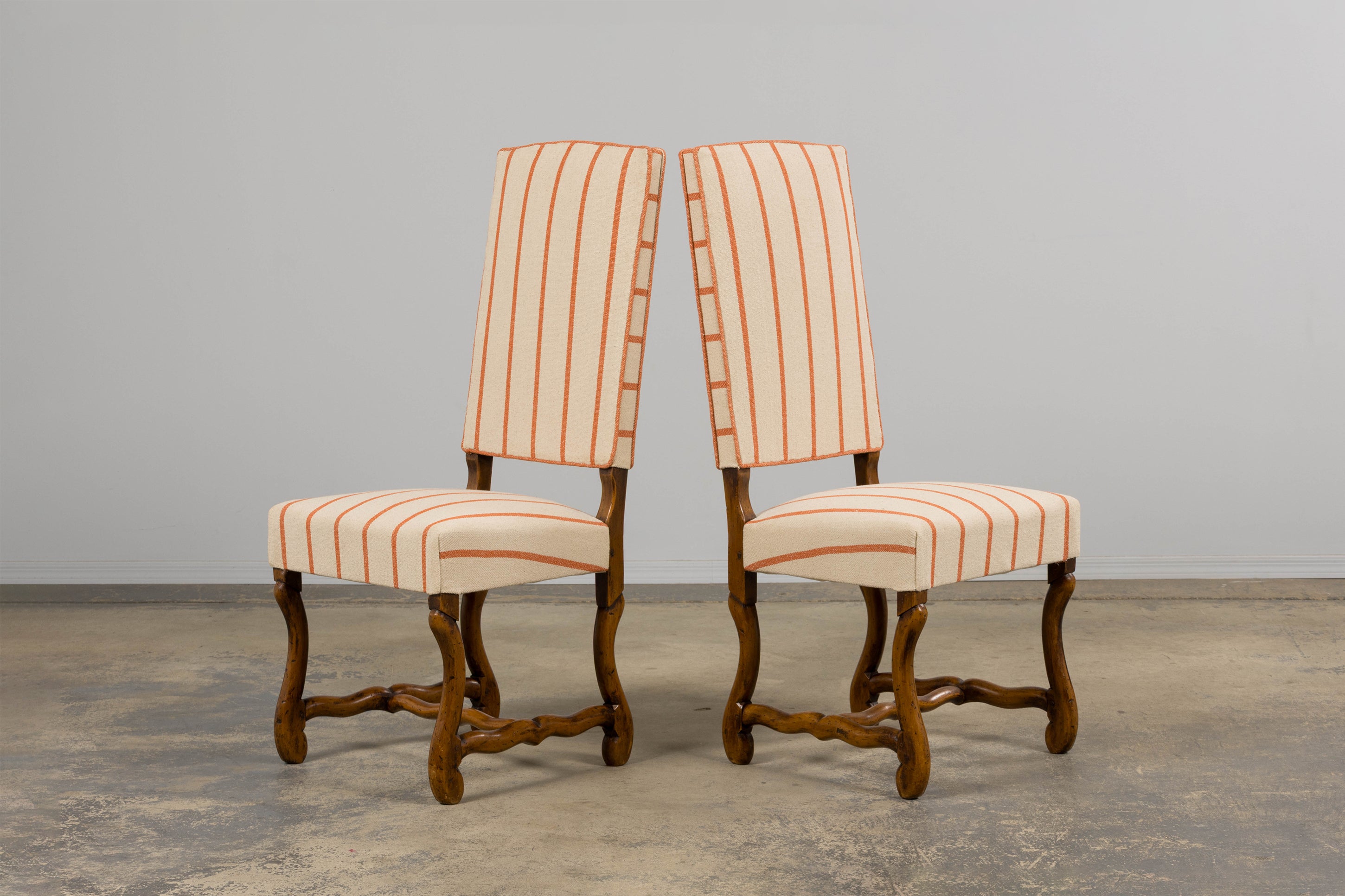 Antique French Louis XIII Style Os De Mouton Oak Dining Chairs in Coral Stripe - Set of 10