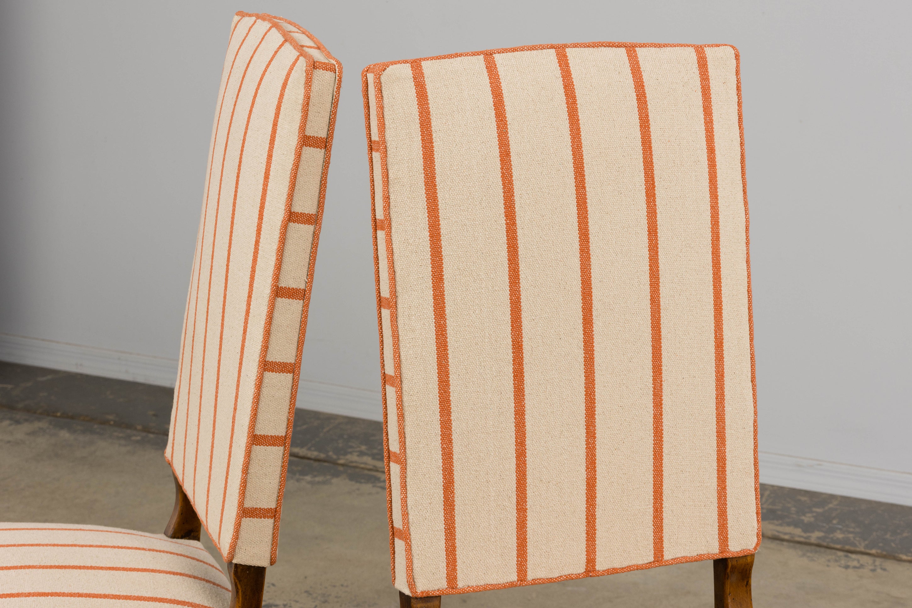 Antique French Louis XIII Style Os De Mouton Oak Dining Chairs in Coral Stripe - Set of 10