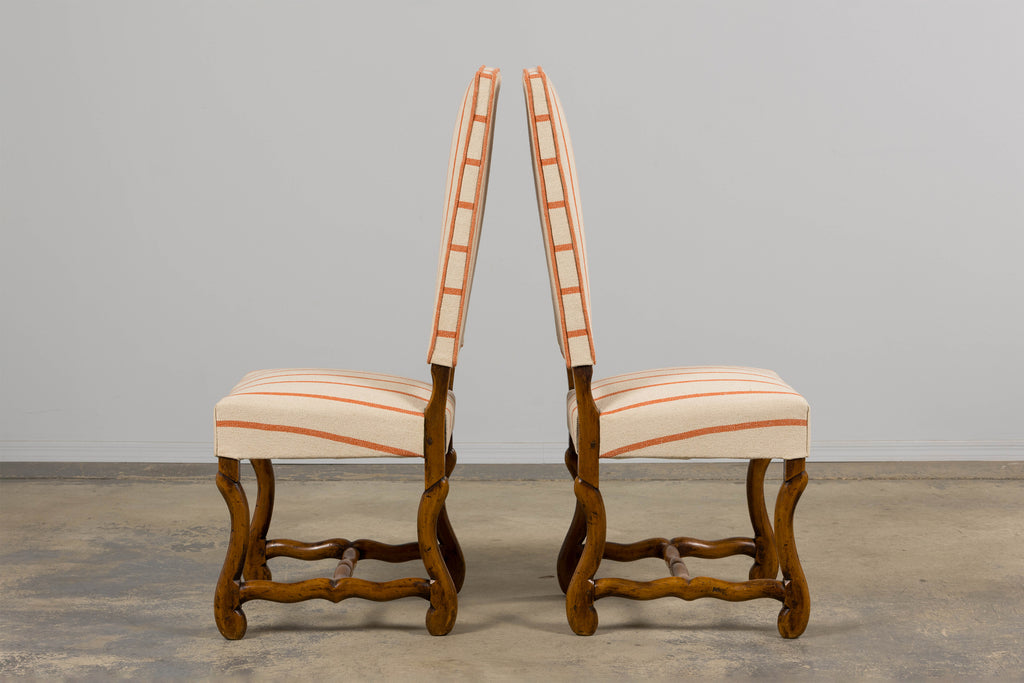 Antique French Louis XIII Style Os De Mouton Oak Dining Chairs in Coral Stripe - Set of 10