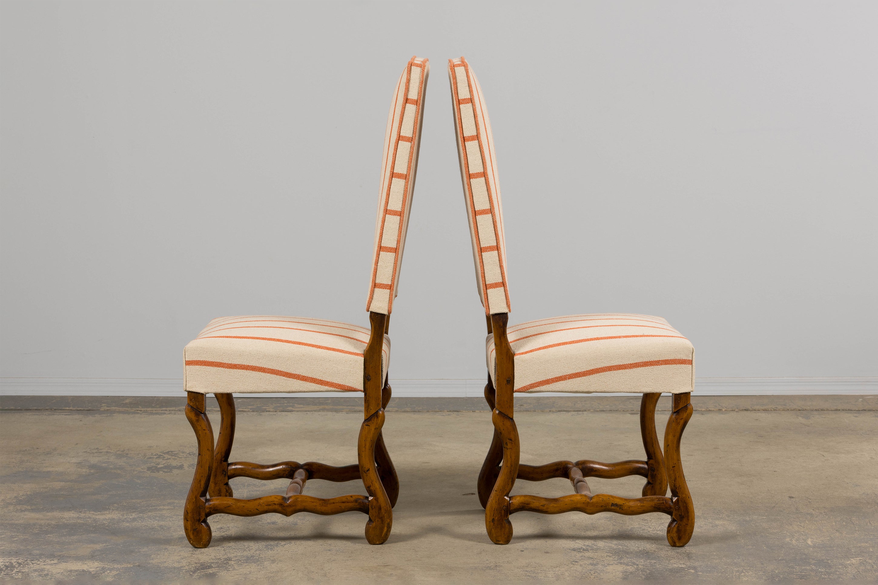 Antique French Louis XIII Style Os De Mouton Oak Dining Chairs in Coral Stripe - Set of 10