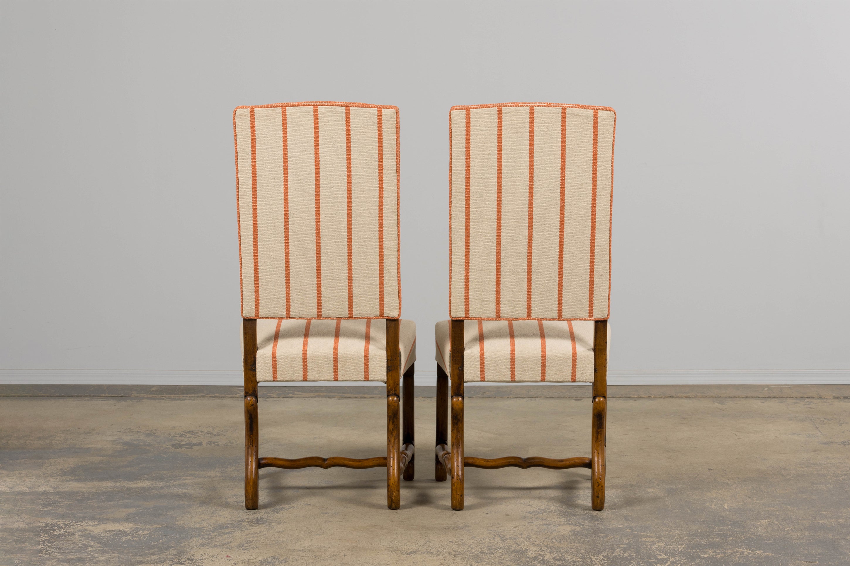 Antique French Louis XIII Style Os De Mouton Oak Dining Chairs in Coral Stripe - Set of 10