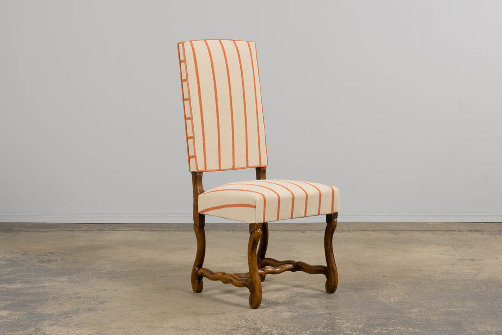 Antique French Louis XIII Style Os De Mouton Oak Dining Chairs in Coral Stripe - Set of 10