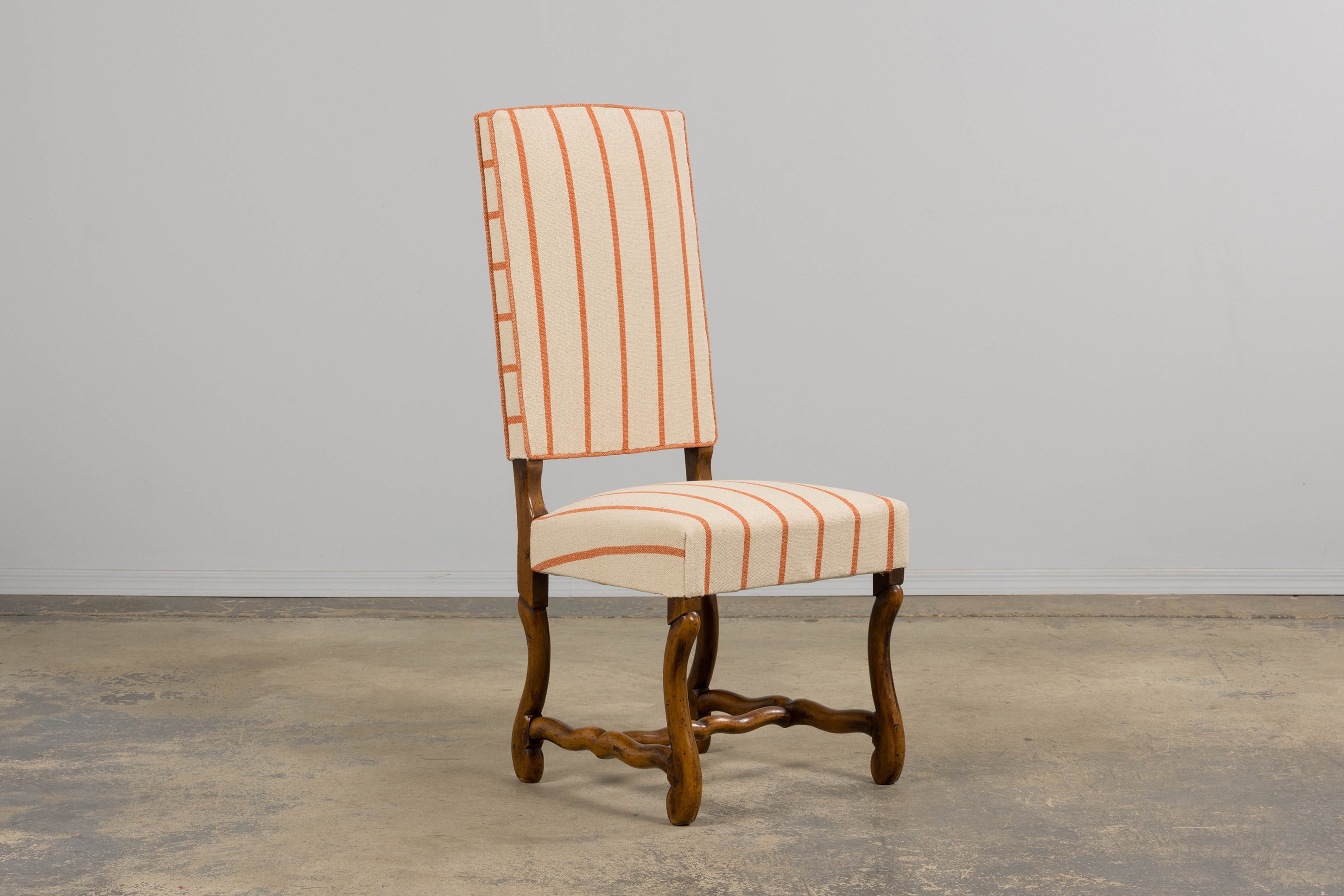 Antique French Louis XIII Style Os De Mouton Oak Dining Chairs in Coral Stripe - Set of 10