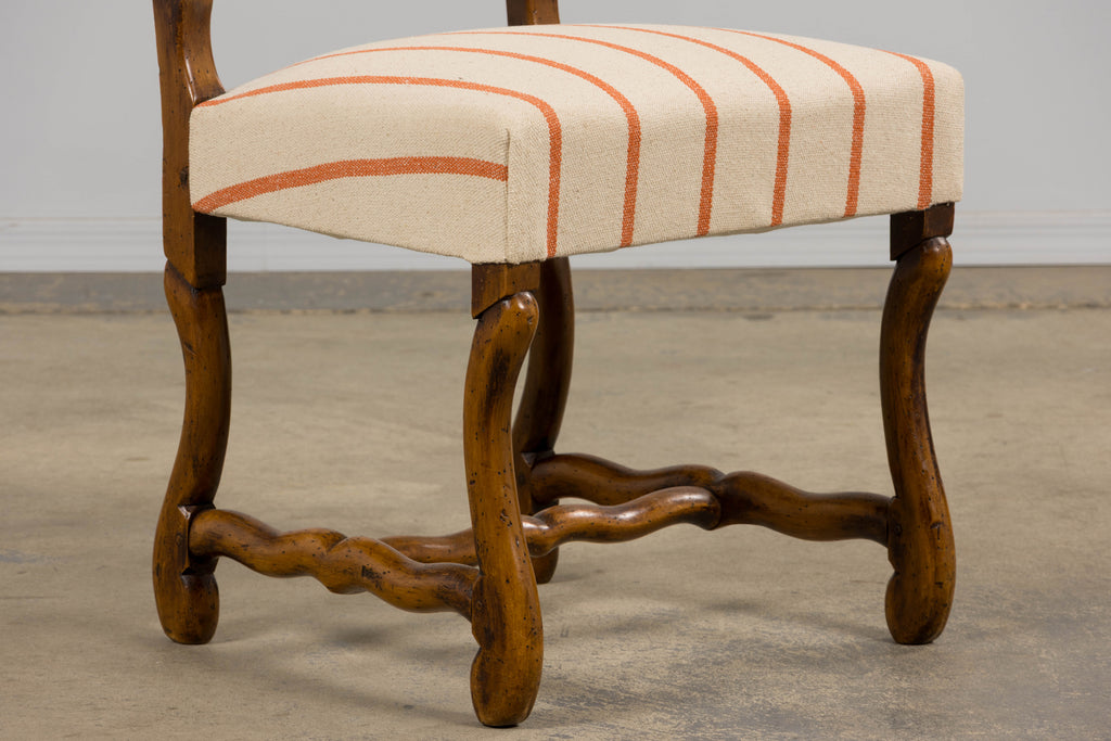 Antique French Louis XIII Style Os De Mouton Oak Dining Chairs in Coral Stripe - Set of 10