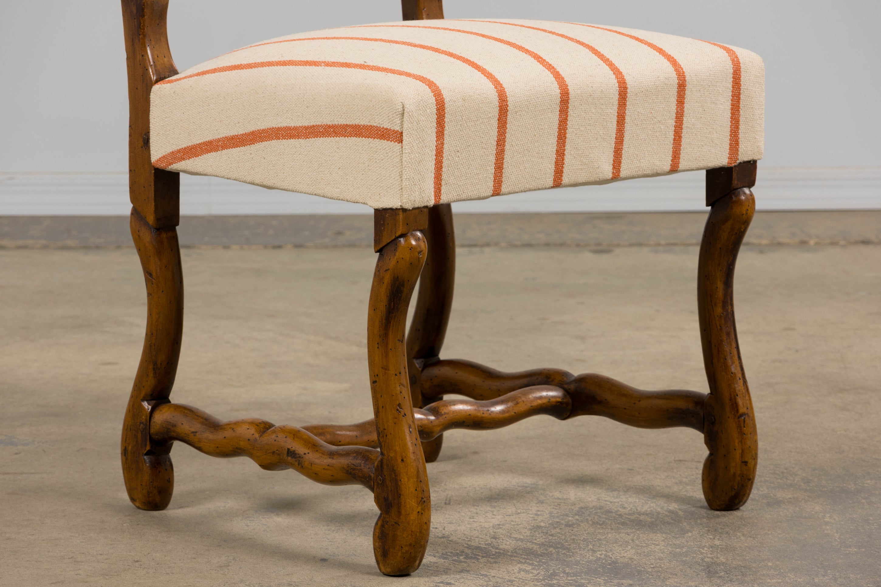 Antique French Louis XIII Style Os De Mouton Oak Dining Chairs in Coral Stripe - Set of 10