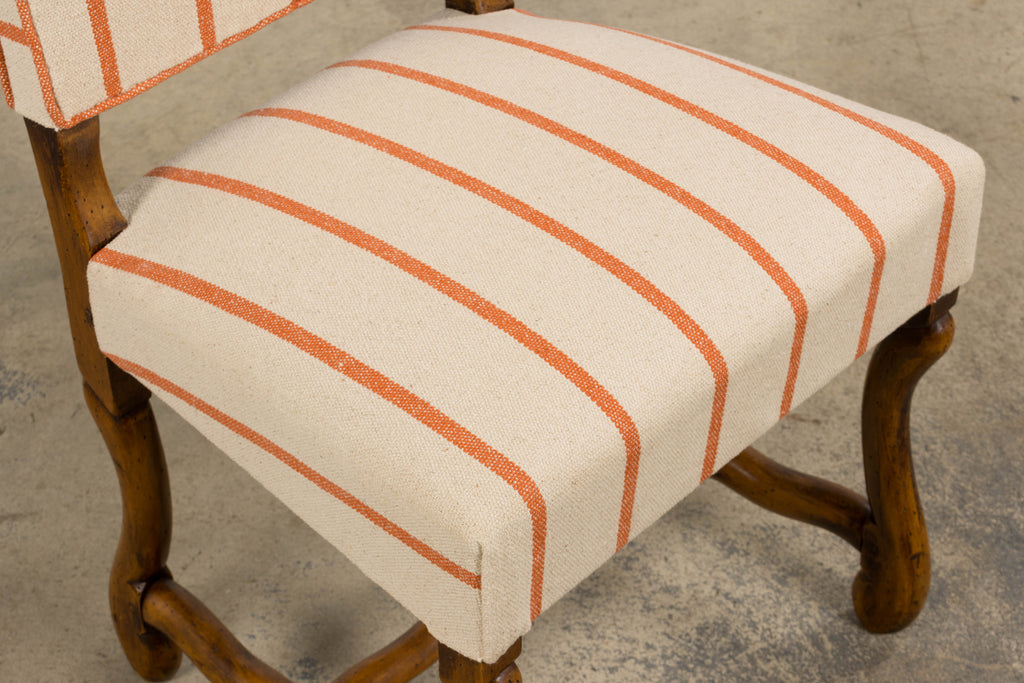 Antique French Louis XIII Style Os De Mouton Oak Dining Chairs in Coral Stripe - Set of 10