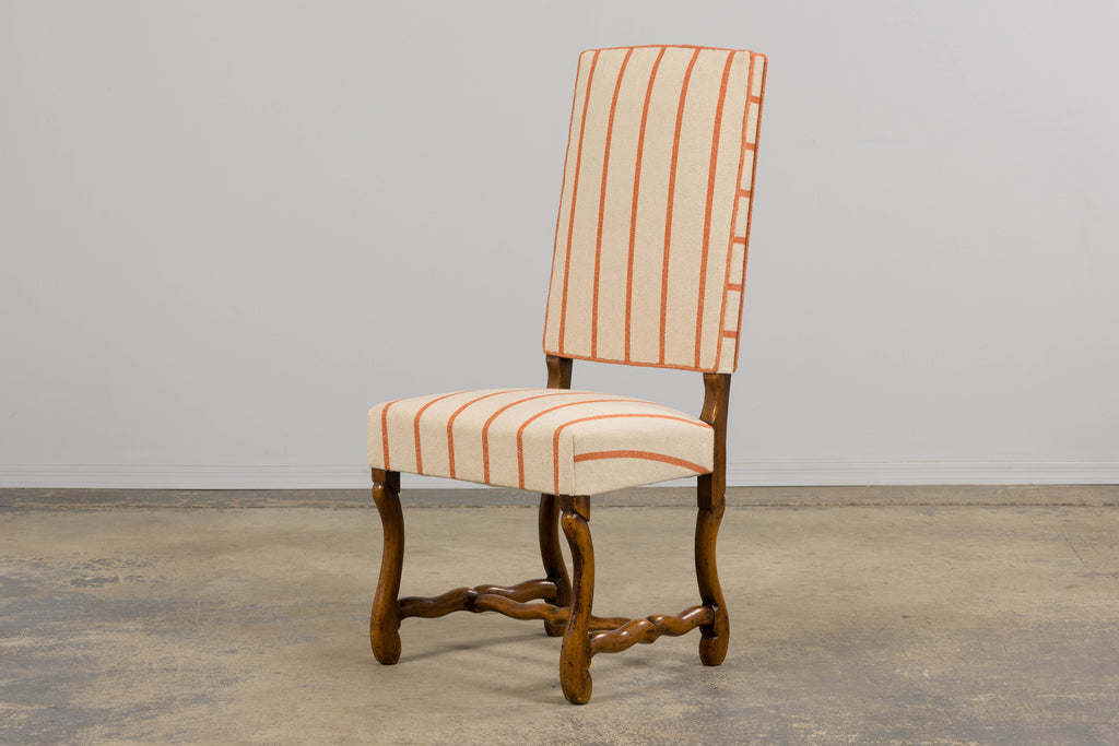 Antique French Louis XIII Style Os De Mouton Oak Dining Chairs in Coral Stripe - Set of 10