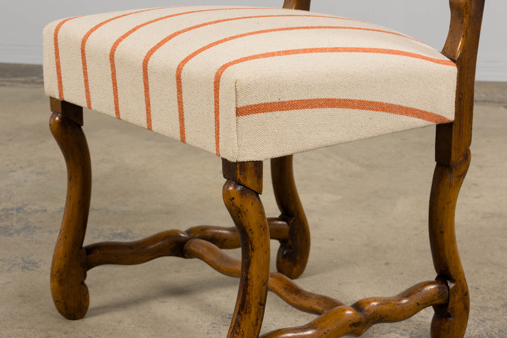 Antique French Louis XIII Style Os De Mouton Oak Dining Chairs in Coral Stripe - Set of 10