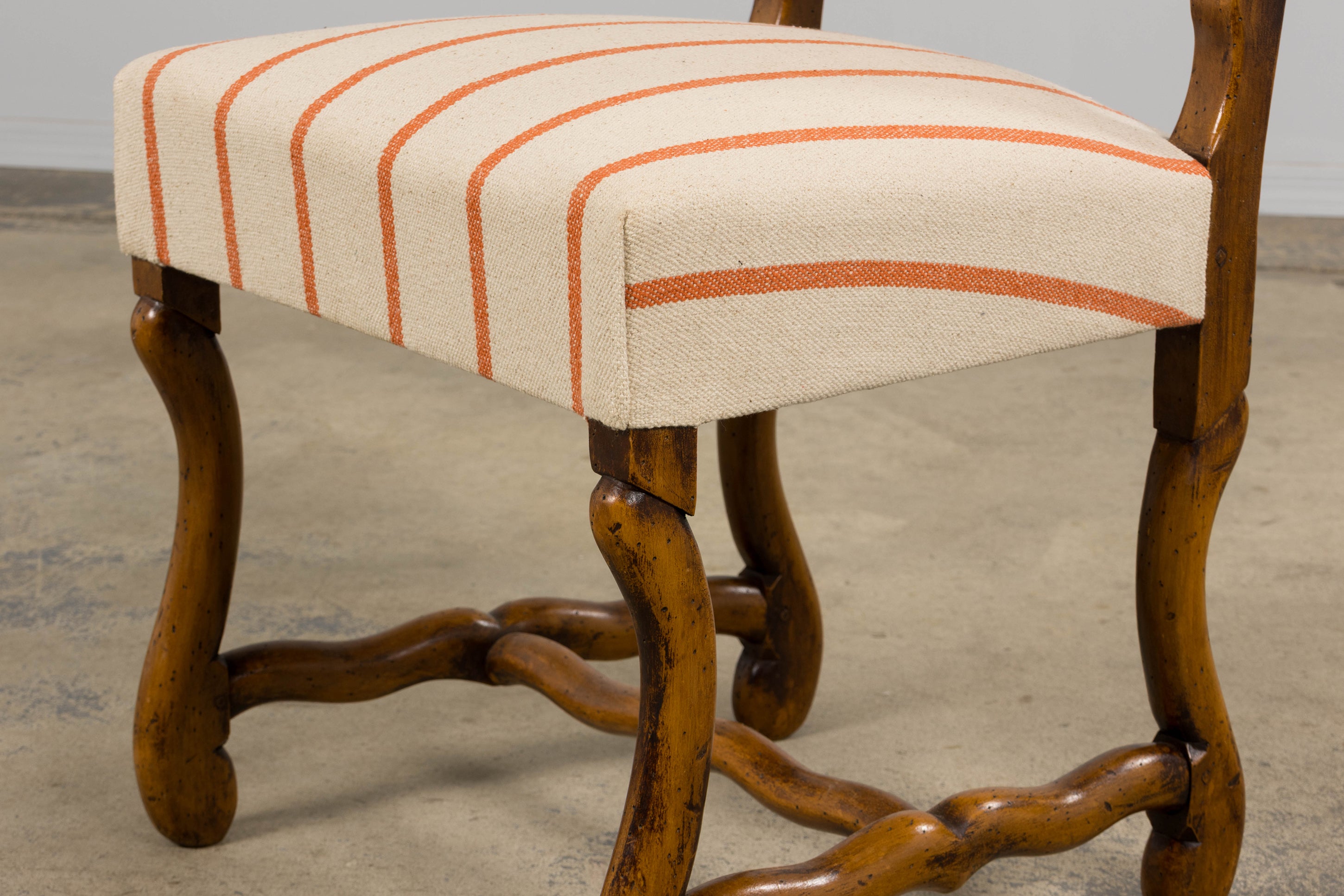 Antique French Louis XIII Style Os De Mouton Oak Dining Chairs in Coral Stripe - Set of 10