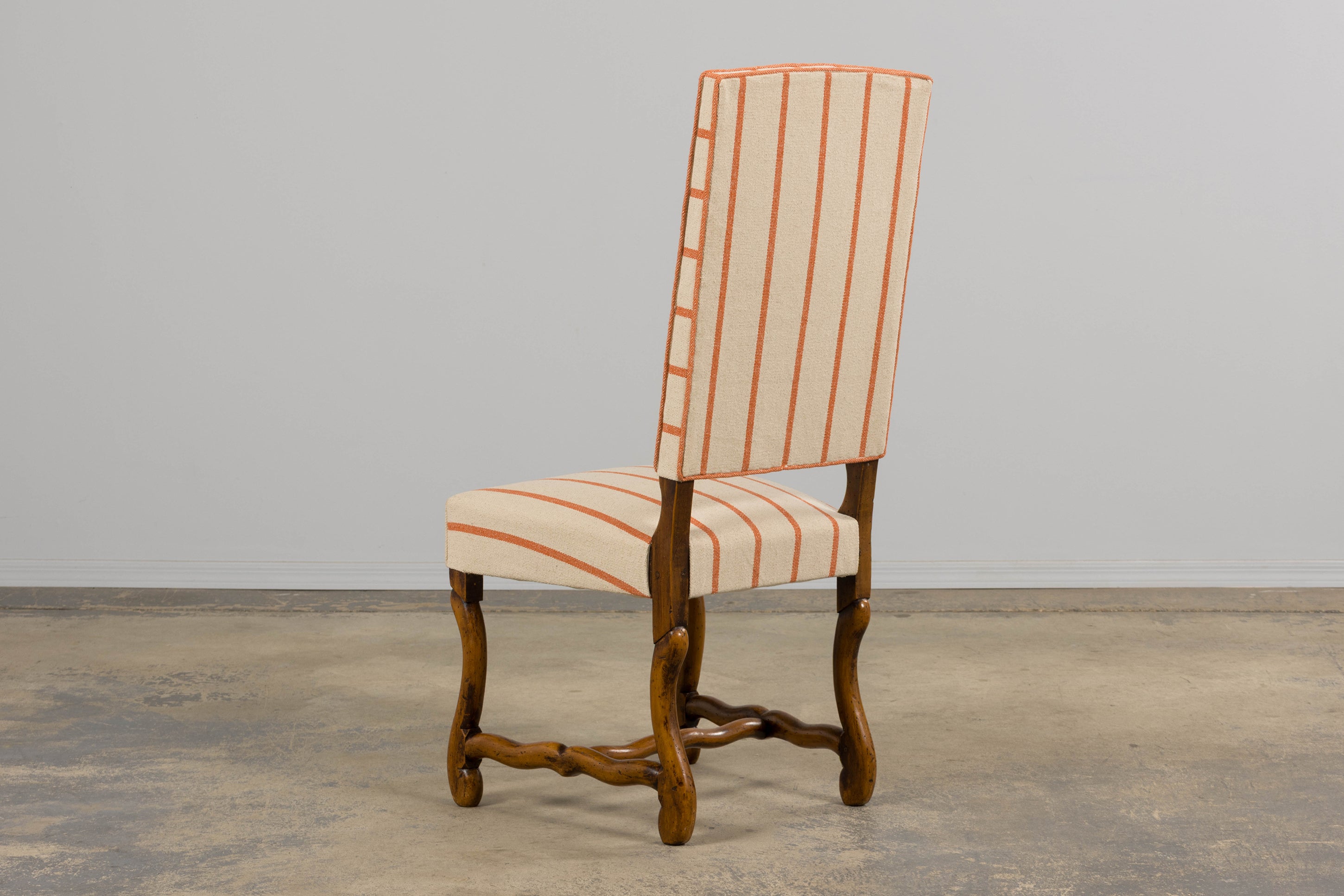 Antique French Louis XIII Style Os De Mouton Oak Dining Chairs in Coral Stripe - Set of 10