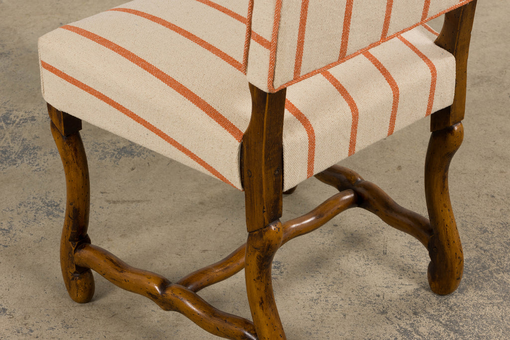 Antique French Louis XIII Style Os De Mouton Oak Dining Chairs in Coral Stripe - Set of 10