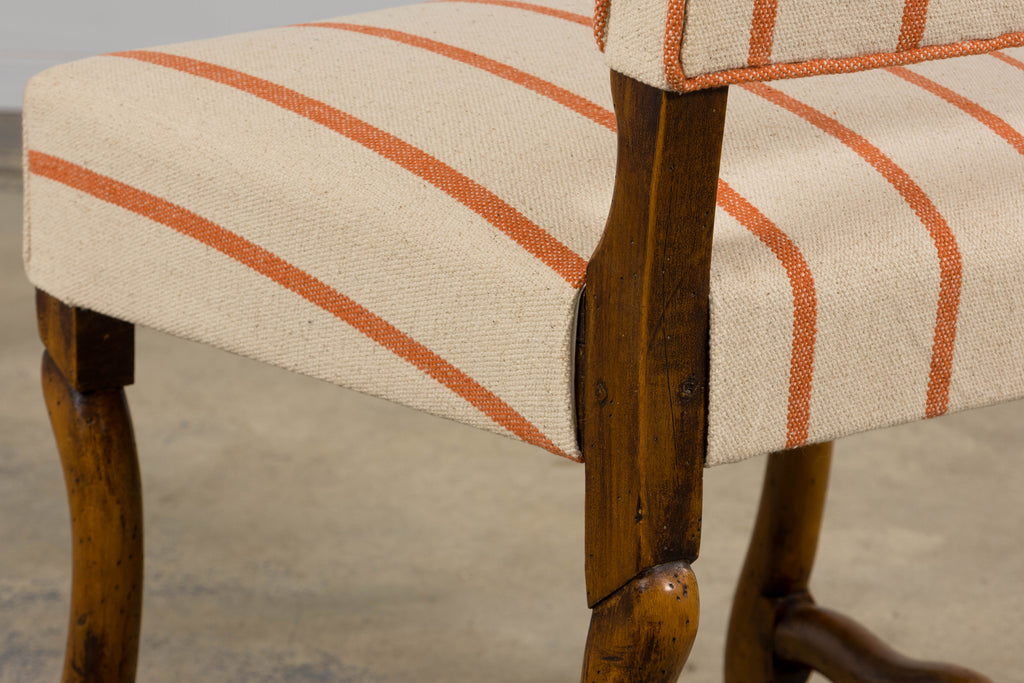 Antique French Louis XIII Style Os De Mouton Oak Dining Chairs in Coral Stripe - Set of 10