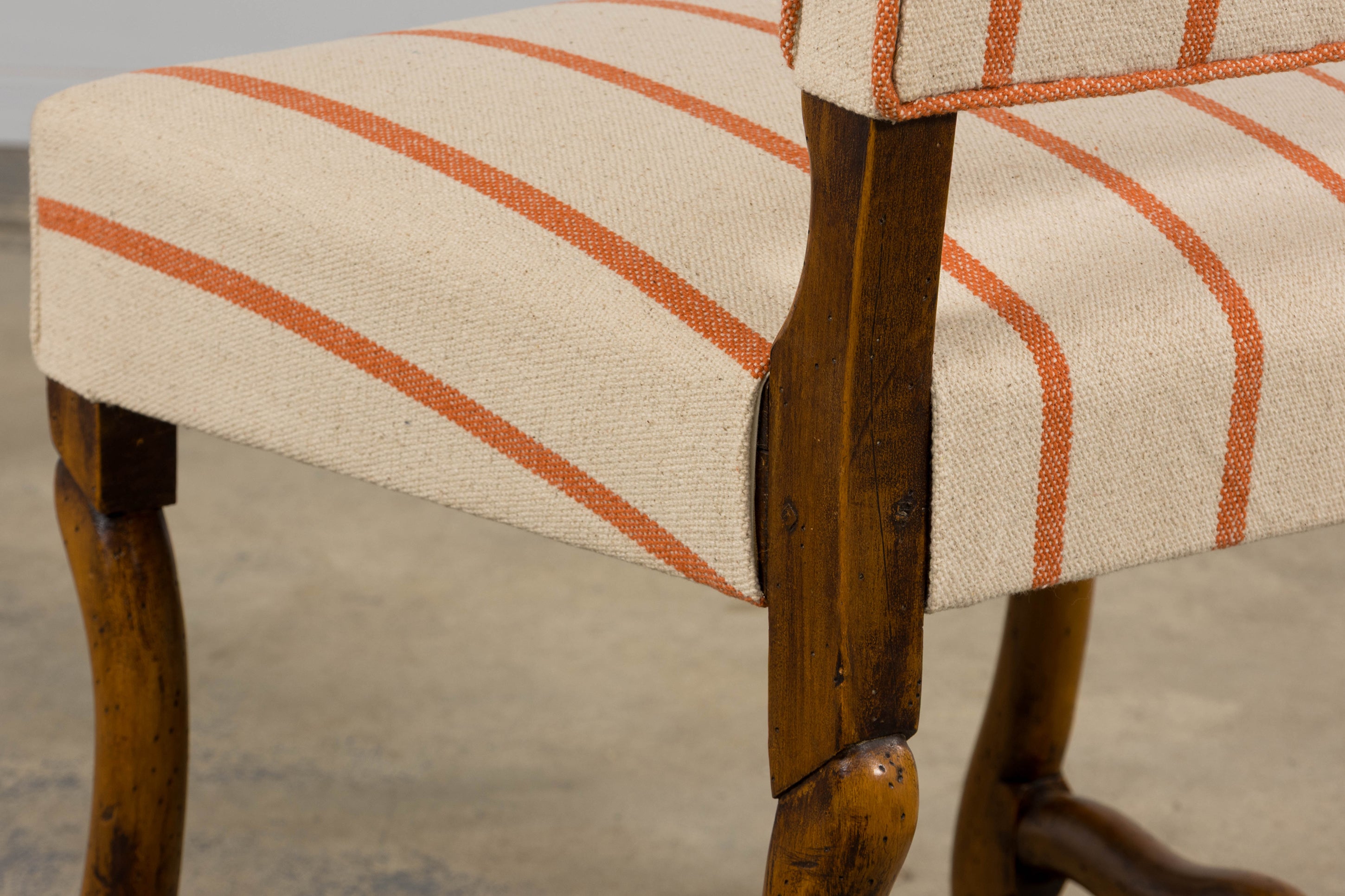 Antique French Louis XIII Style Os De Mouton Oak Dining Chairs in Coral Stripe - Set of 10
