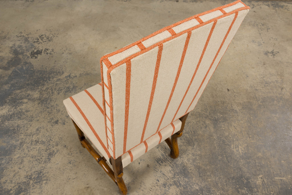 Antique French Louis XIII Style Os De Mouton Oak Dining Chairs in Coral Stripe - Set of 10