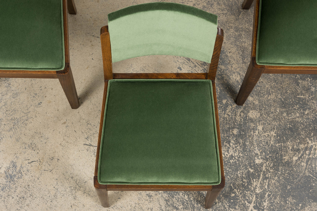 1930s French Art Deco Oak Dining Chairs in Green Velvet - Set of 6