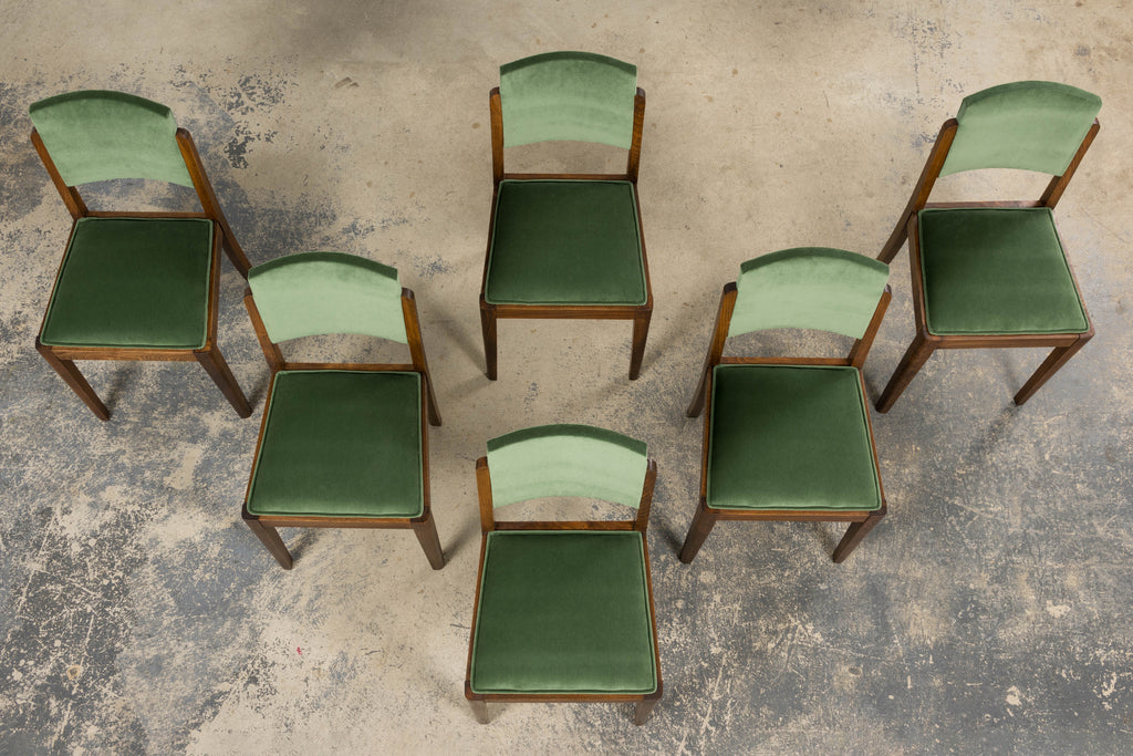 1930s French Art Deco Oak Dining Chairs in Green Velvet - Set of 6