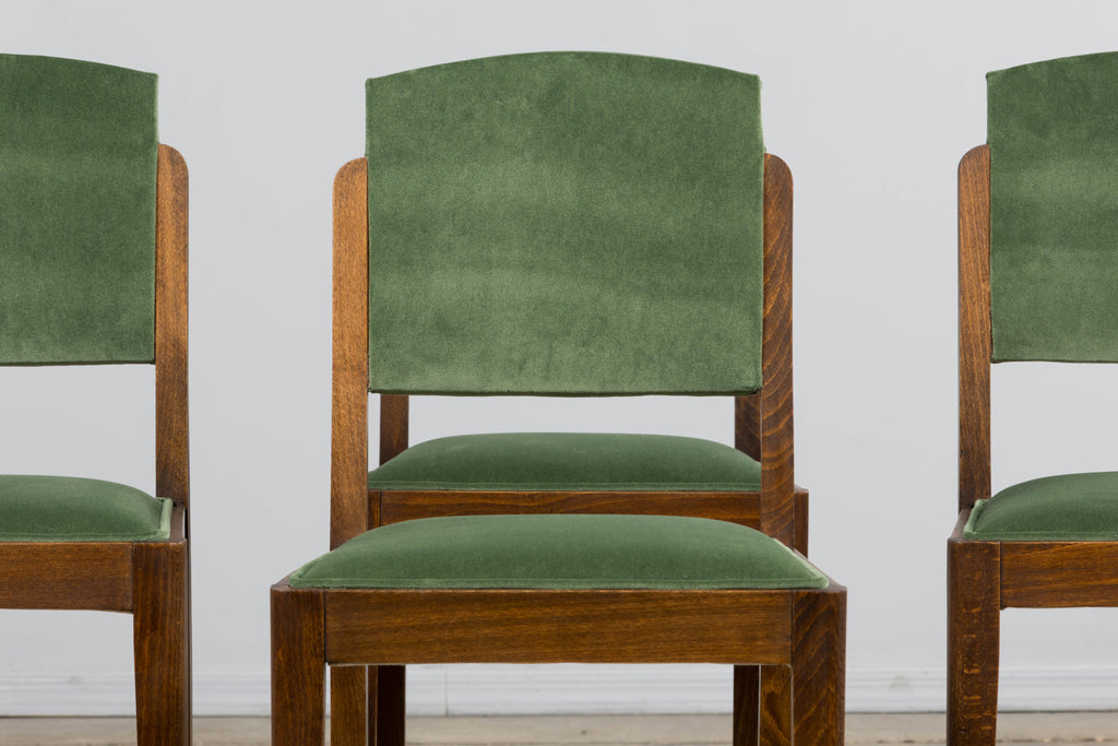 1930s French Art Deco Oak Dining Chairs in Green Velvet - Set of 6