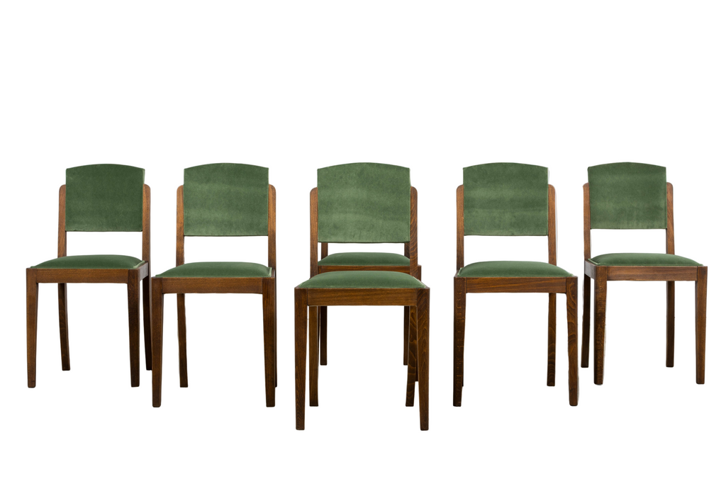 1930s French Art Deco Oak Dining Chairs in Green Velvet - Set of 6