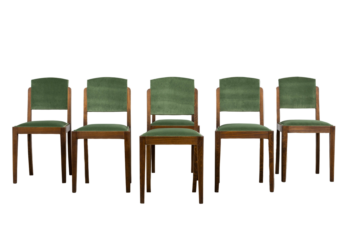 1930s French Art Deco Oak Dining Chairs in Green Velvet - Set of 6