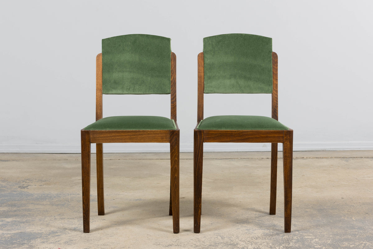 1930s French Art Deco Oak Dining Chairs in Green Velvet - Set of 6
