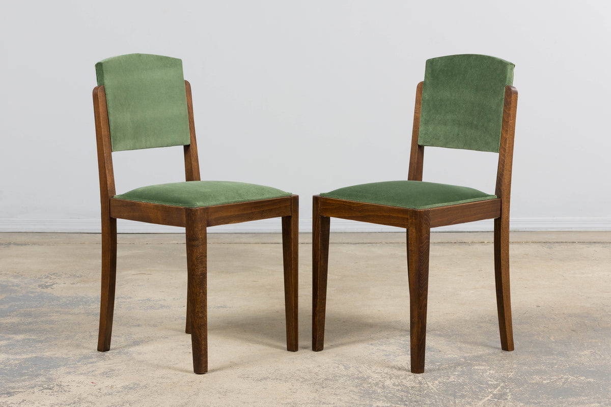 1930s French Art Deco Oak Dining Chairs in Green Velvet - Set of 6