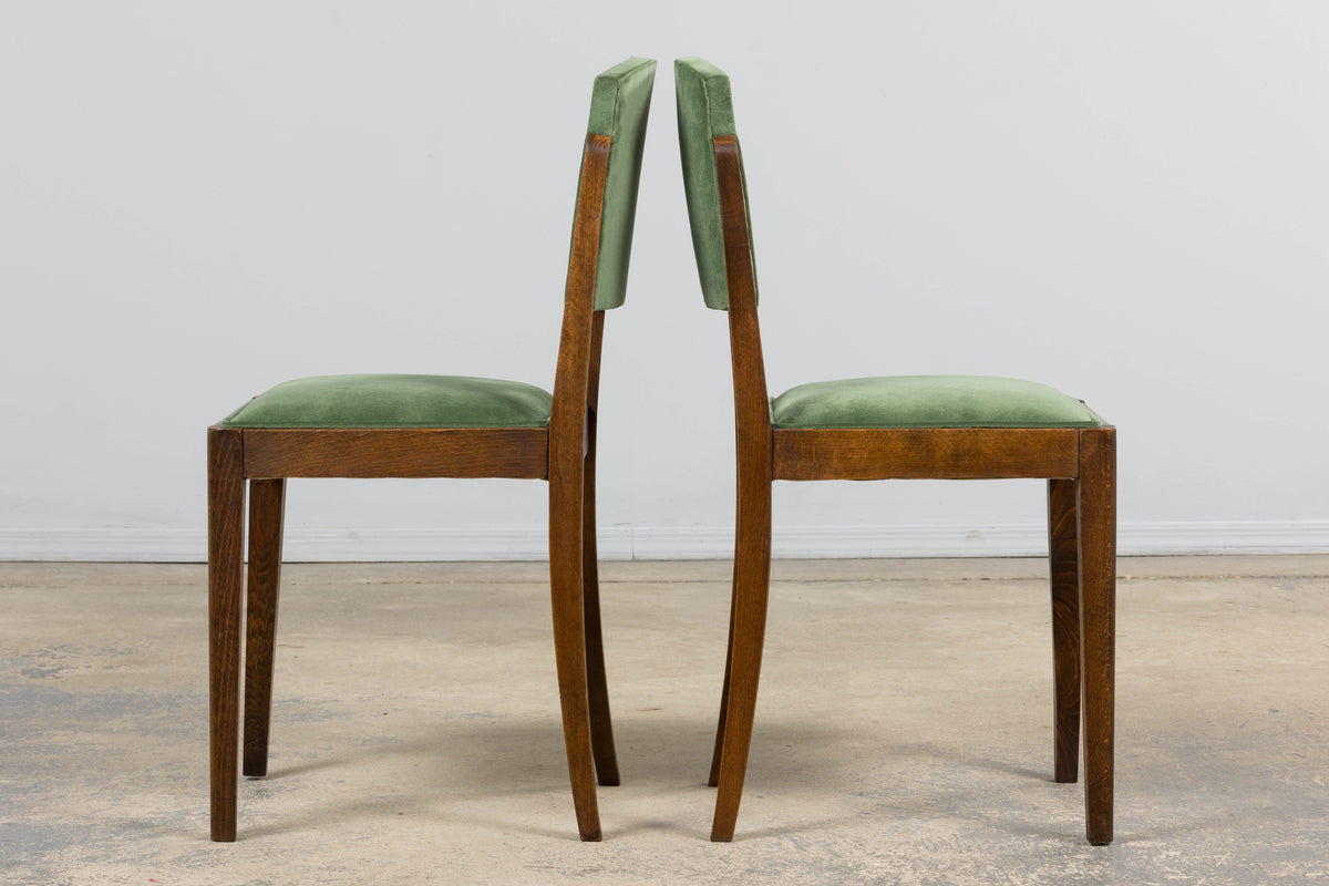 1930s French Art Deco Oak Dining Chairs in Green Velvet - Set of 6
