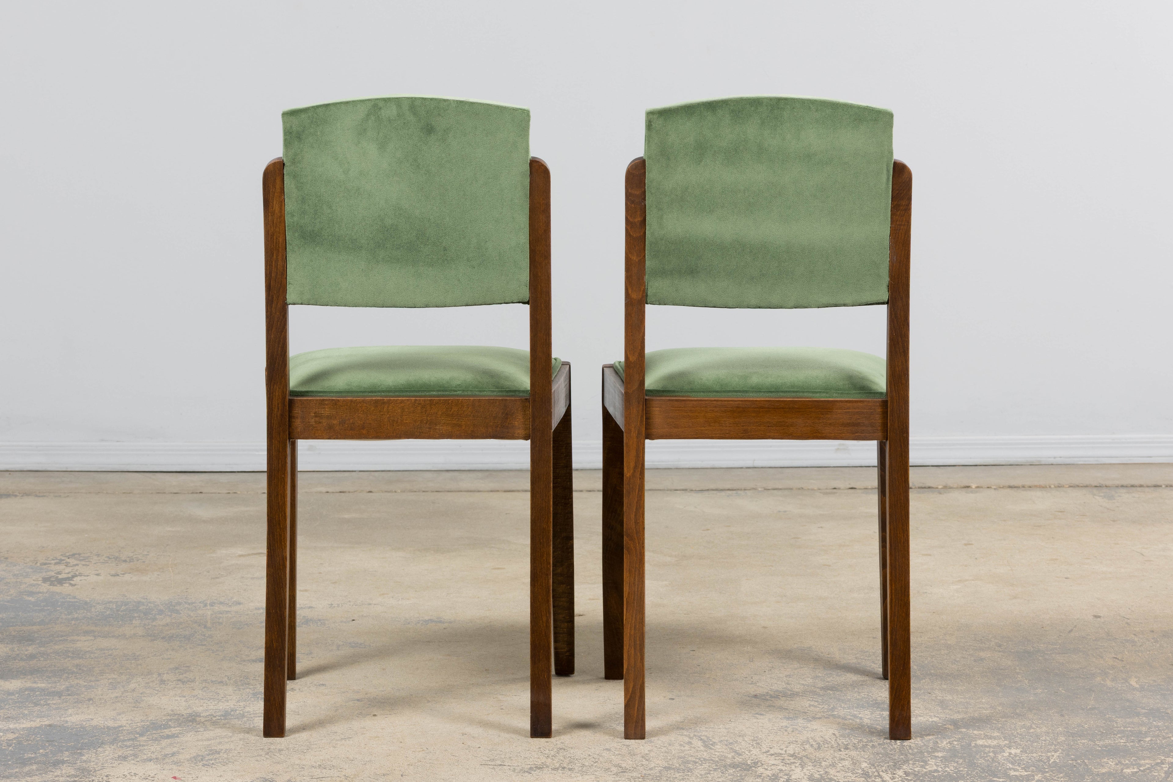 1930s French Art Deco Oak Dining Chairs in Green Velvet - Set of 6