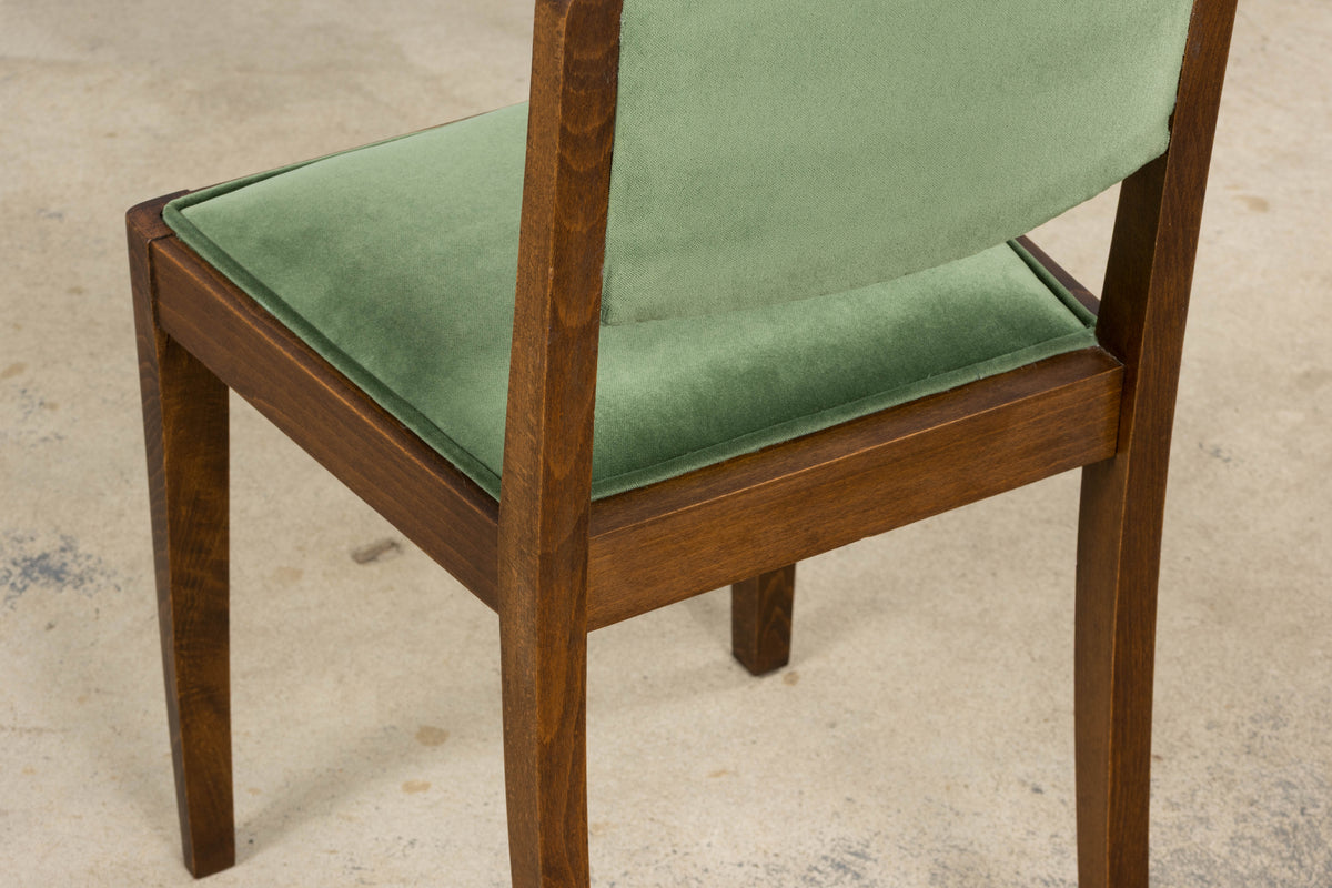 1930s French Art Deco Oak Dining Chairs in Green Velvet - Set of 6
