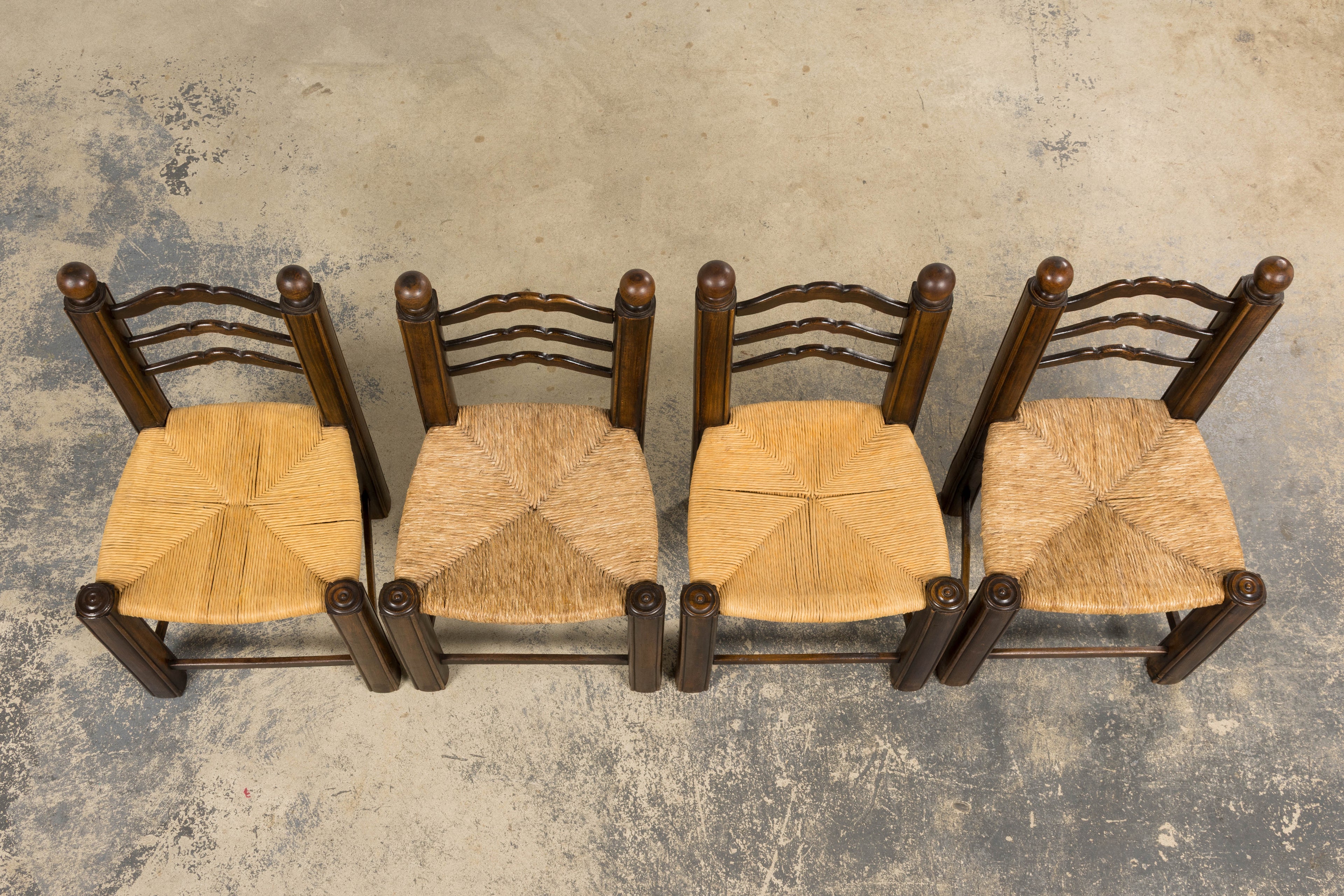 Antique French Provincial Oak Ladder Back Dining Chairs - Set of 4