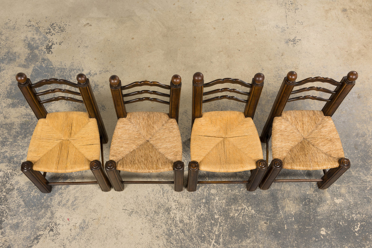 Antique French Provincial Oak Ladder Back Dining Chairs - Set of 4