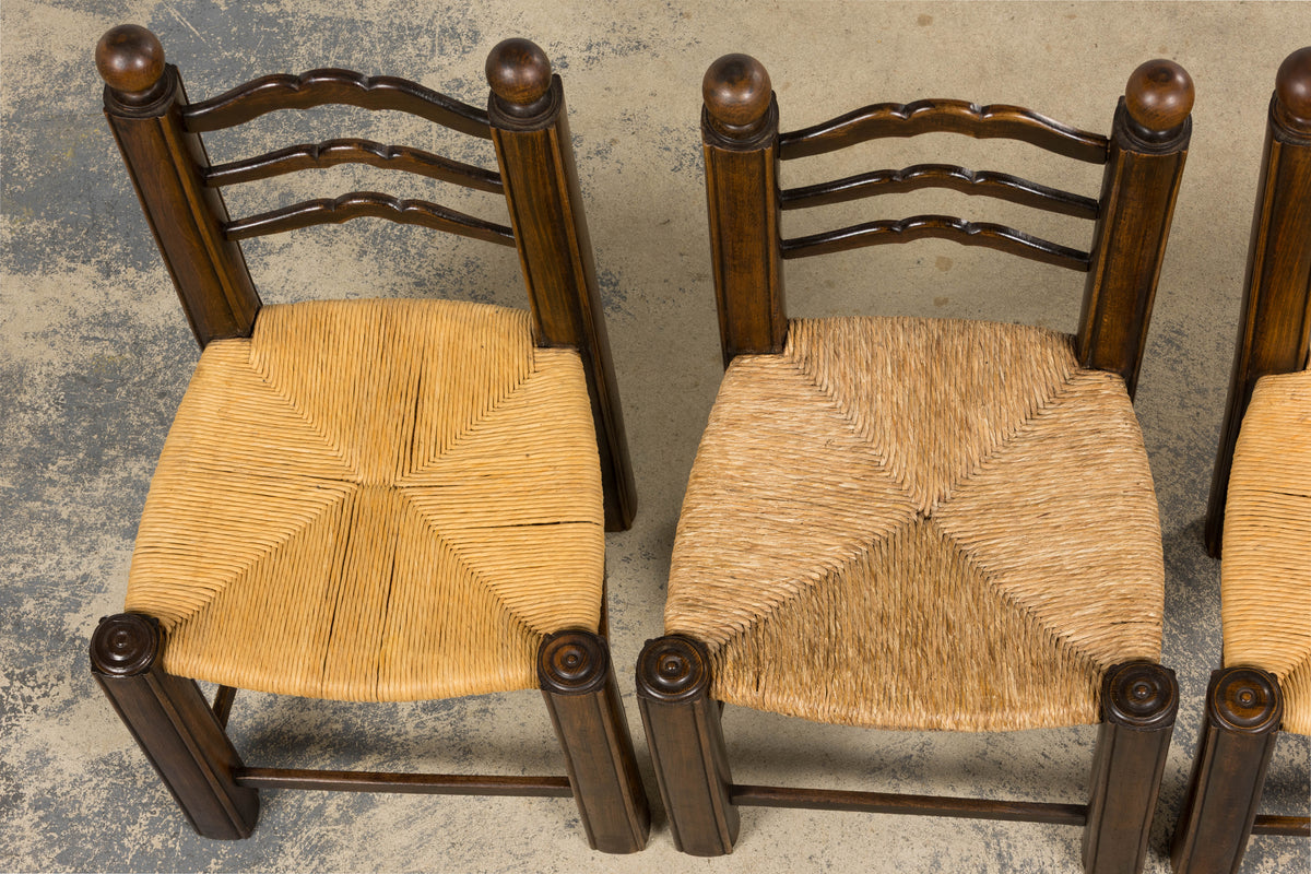 Antique French Provincial Oak Ladder Back Dining Chairs - Set of 4