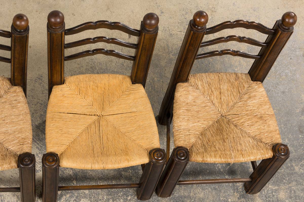 Antique French Provincial Oak Ladder Back Dining Chairs - Set of 4
