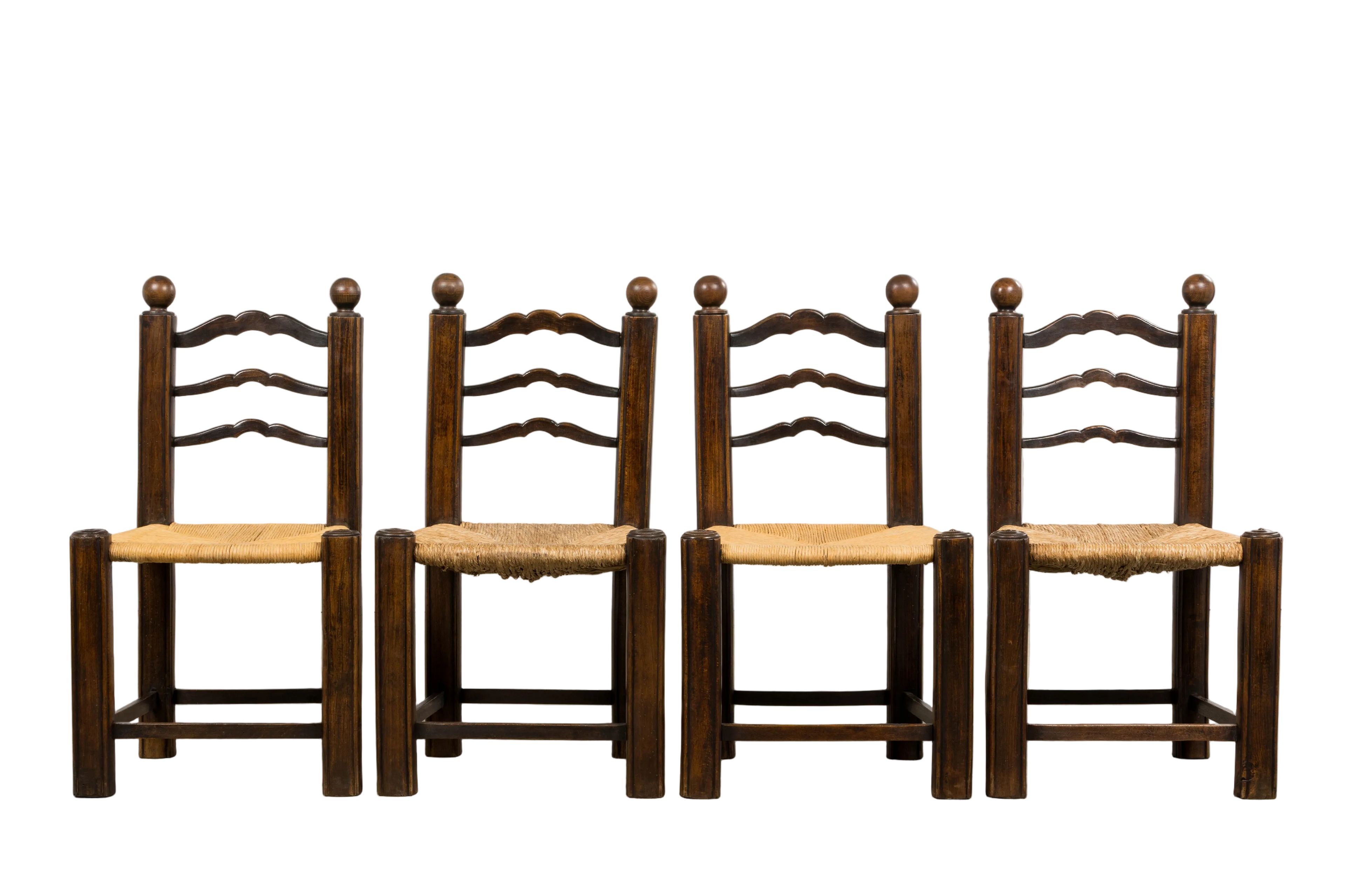 Antique French Provincial Oak Ladder Back Dining Chairs - Set of 4