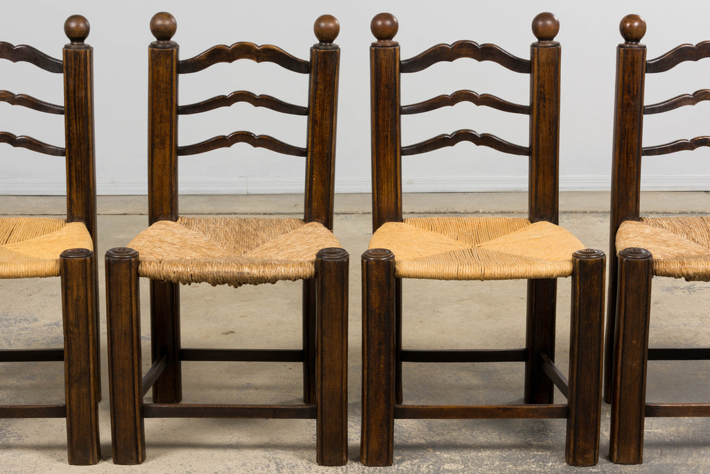 Antique French Provincial Oak Ladder Back Dining Chairs - Set of 4