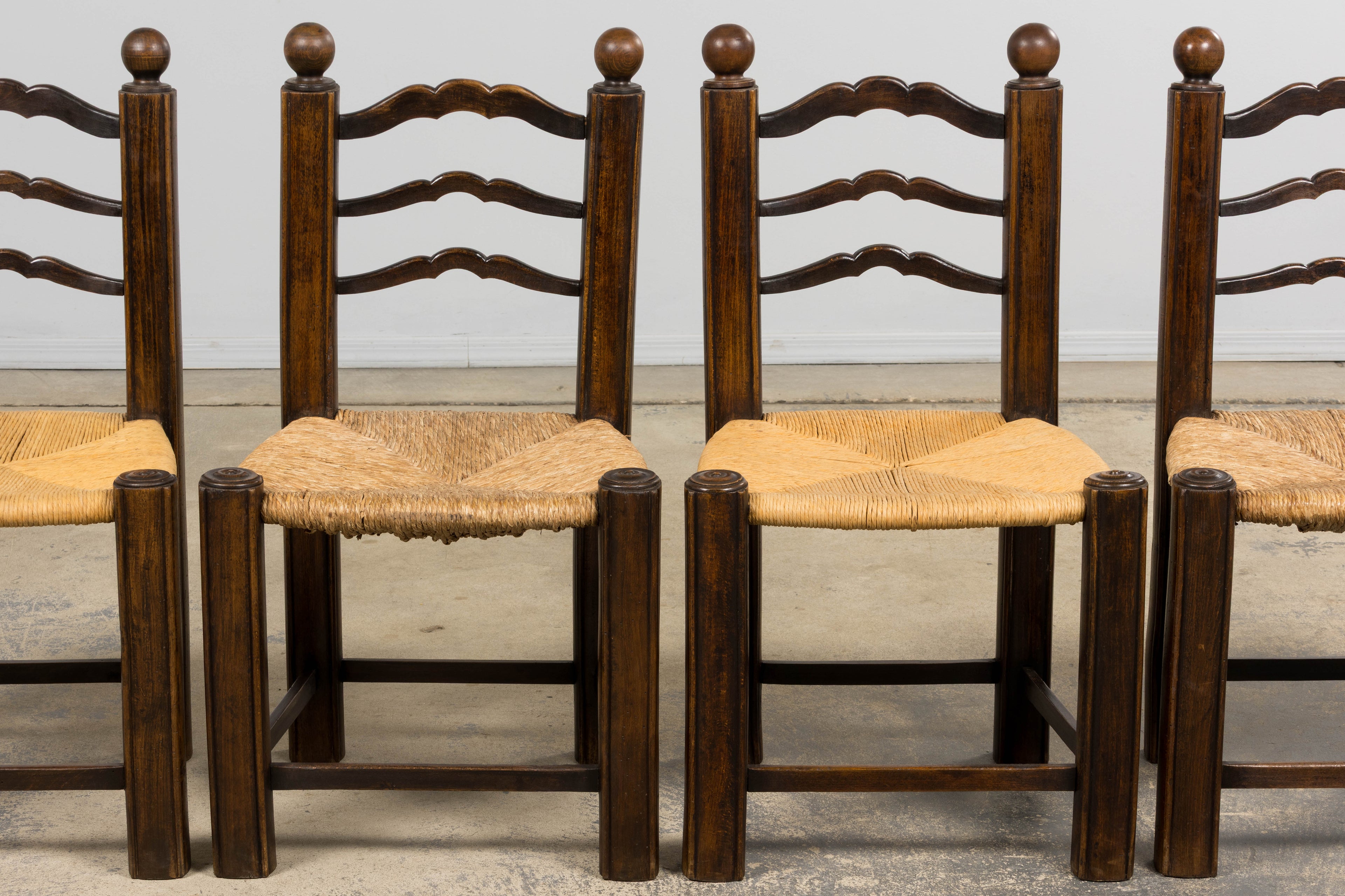 Antique French Provincial Oak Ladder Back Dining Chairs - Set of 4