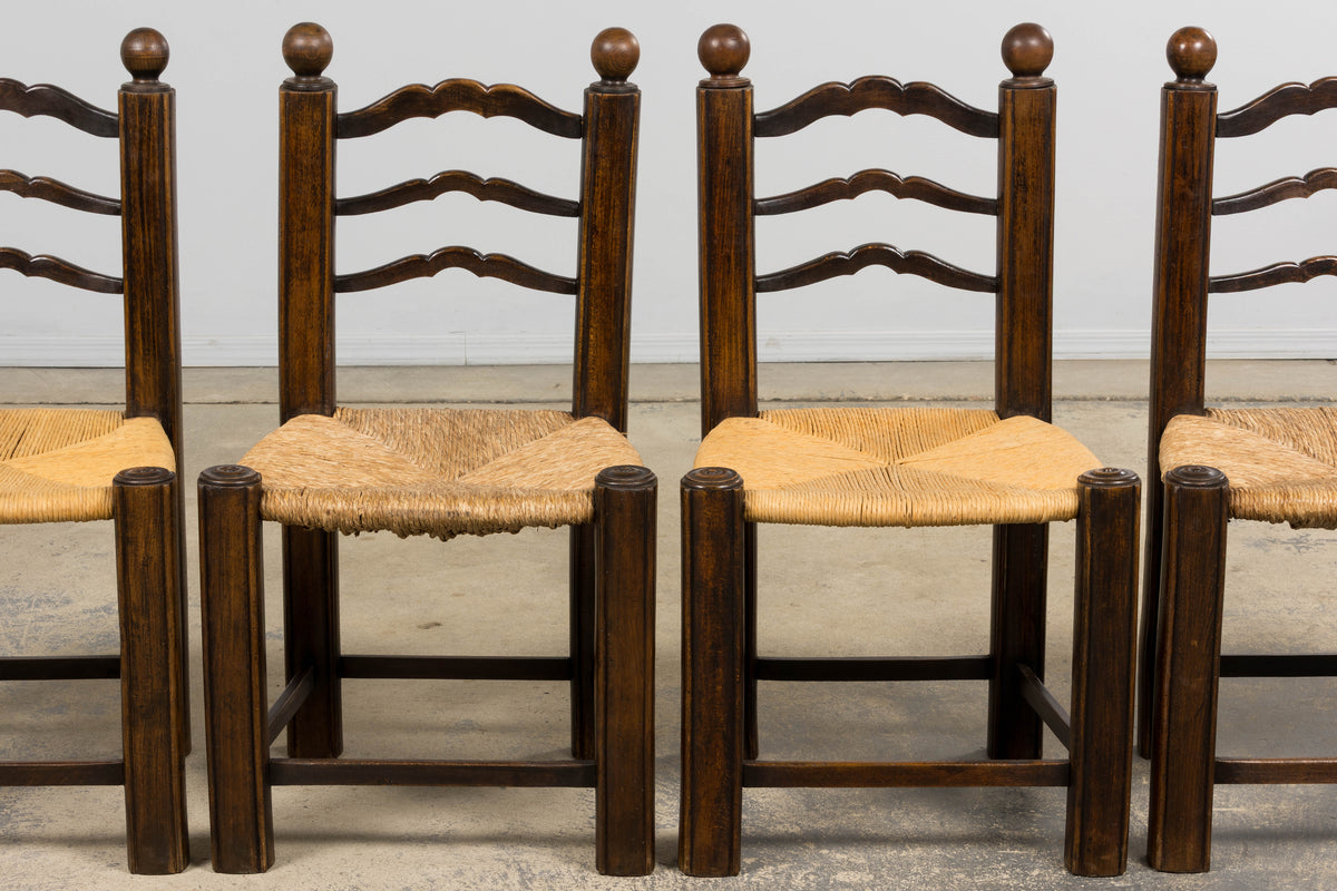 Antique French Provincial Oak Ladder Back Dining Chairs - Set of 4