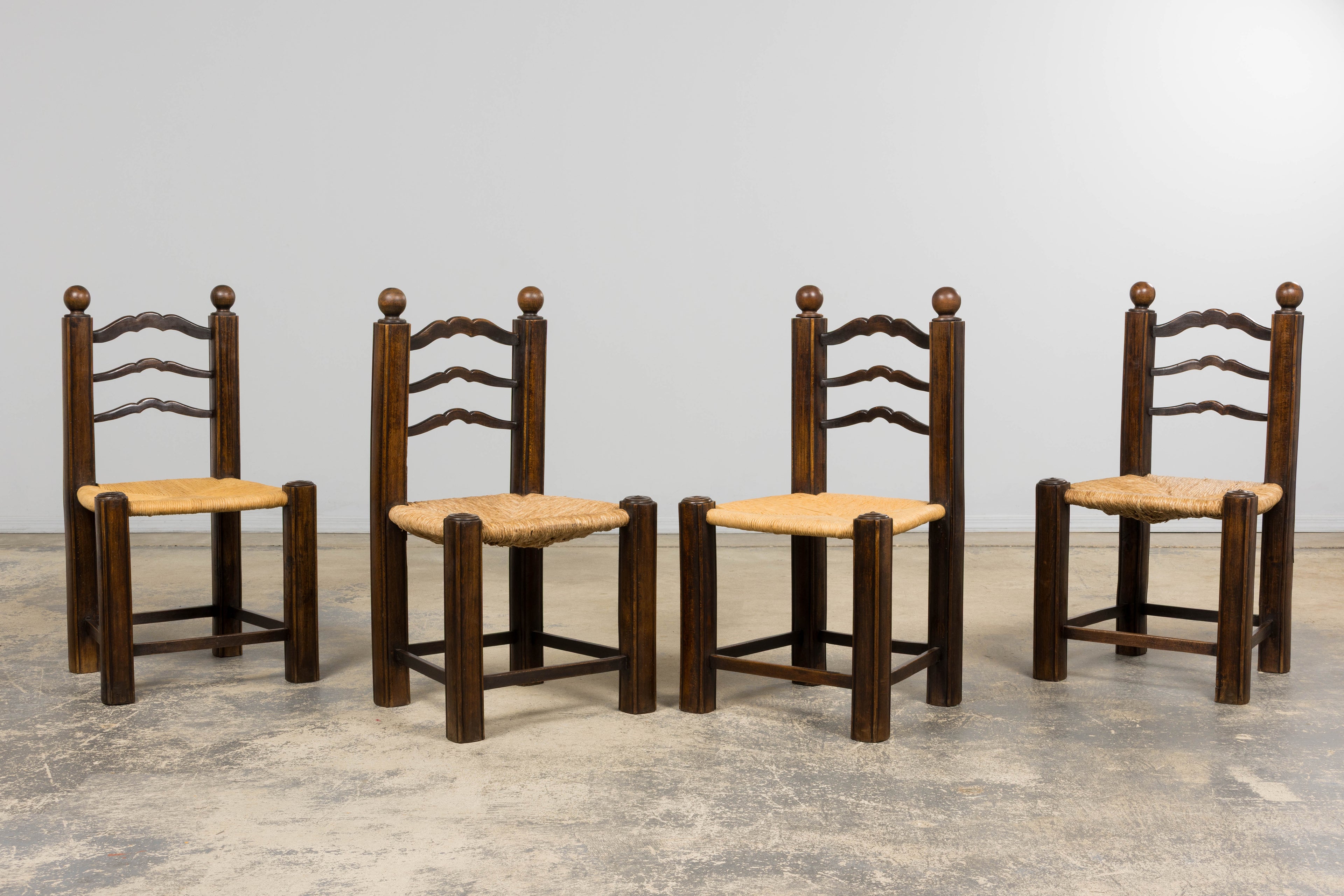 Antique French Provincial Oak Ladder Back Dining Chairs - Set of 4