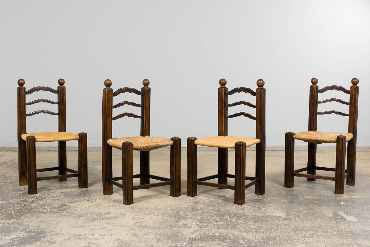 Antique French Provincial Oak Ladder Back Dining Chairs - Set of 4