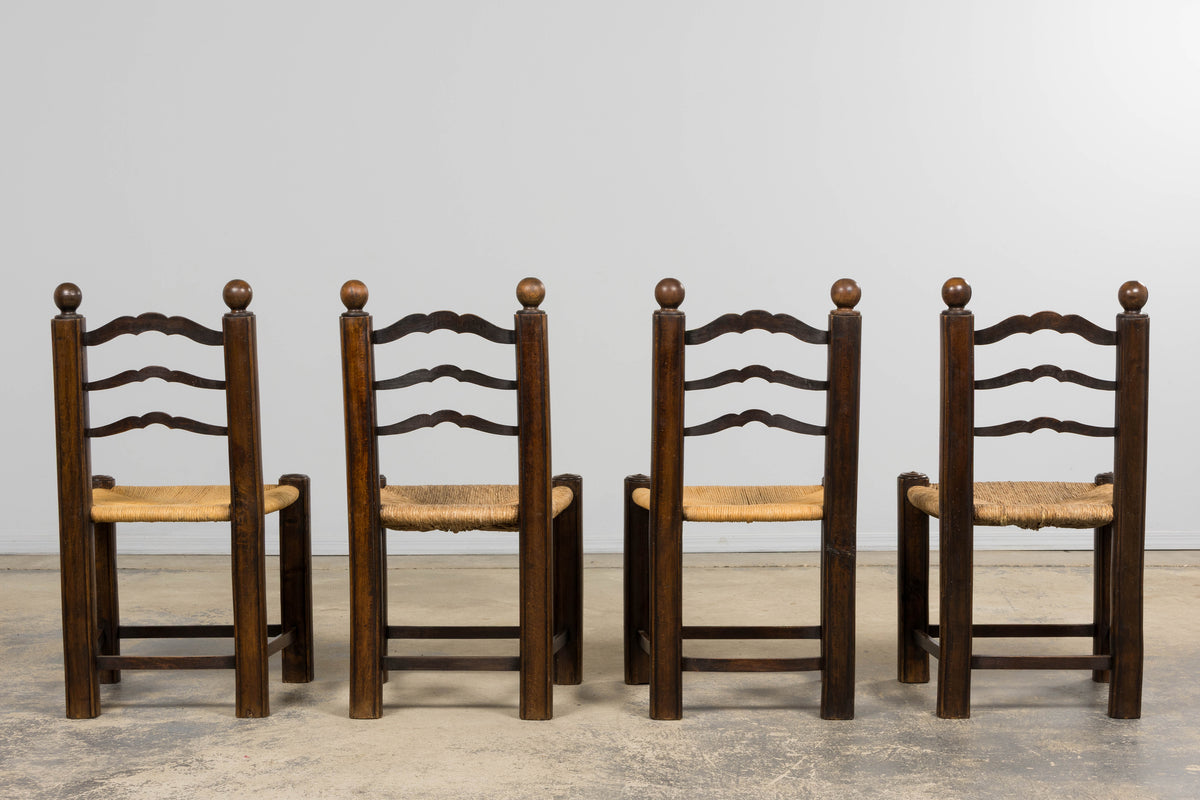 Antique French Provincial Oak Ladder Back Dining Chairs - Set of 4