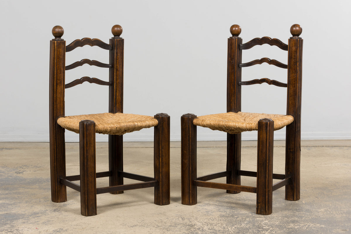 Antique French Provincial Oak Ladder Back Dining Chairs - Set of 4