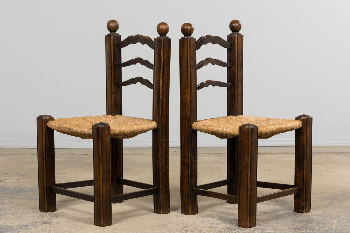 Antique French Provincial Oak Ladder Back Dining Chairs - Set of 4