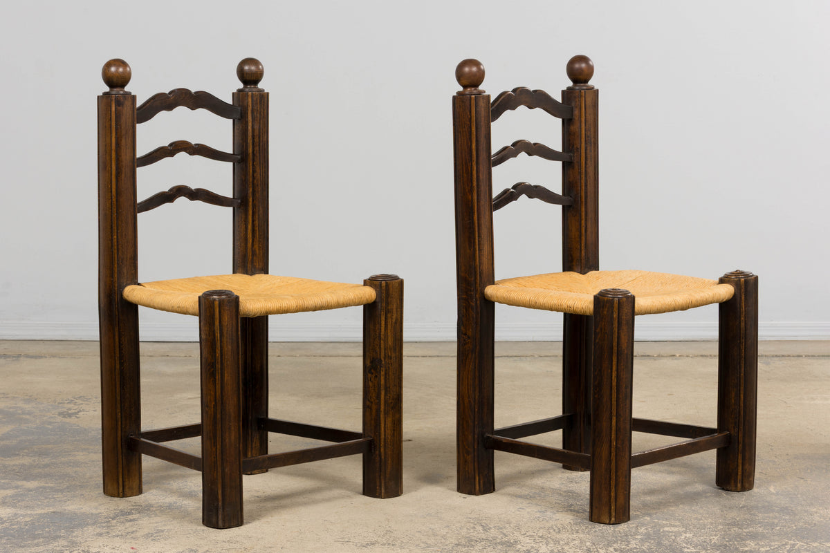 Antique French Provincial Oak Ladder Back Dining Chairs - Set of 4